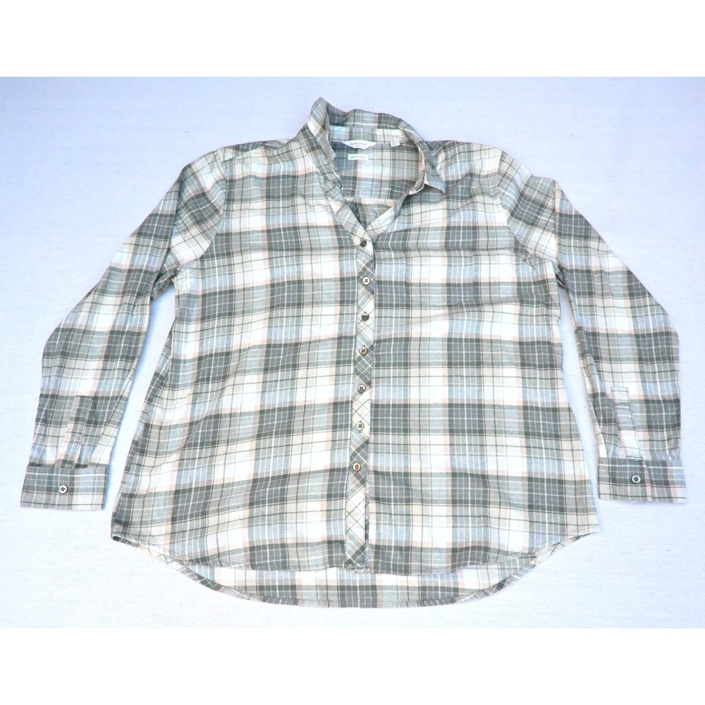 Weatherproof Vintage Sage Green Plaid Flannel Shirt Button Up Chest Pocket Soft